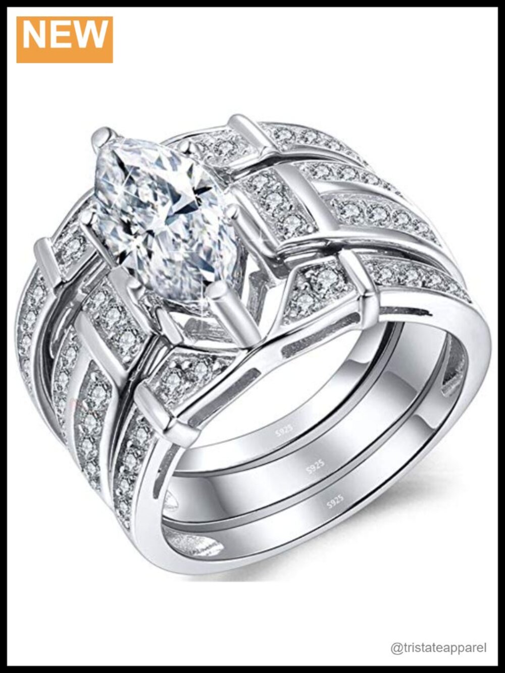 Marquise CZ Sterling Silver Bridal Wedding Ring Set Rhodium Plated